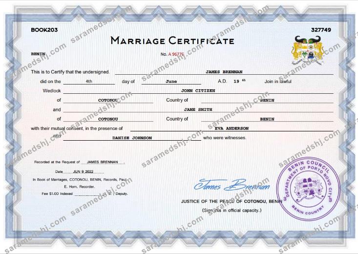 Benin marriage certificate Word and PDF template